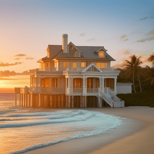 AI generated: wide shot of a luxury, wealthy beach house, hd, realistic, golden hour, upbeating mood, high deep of...