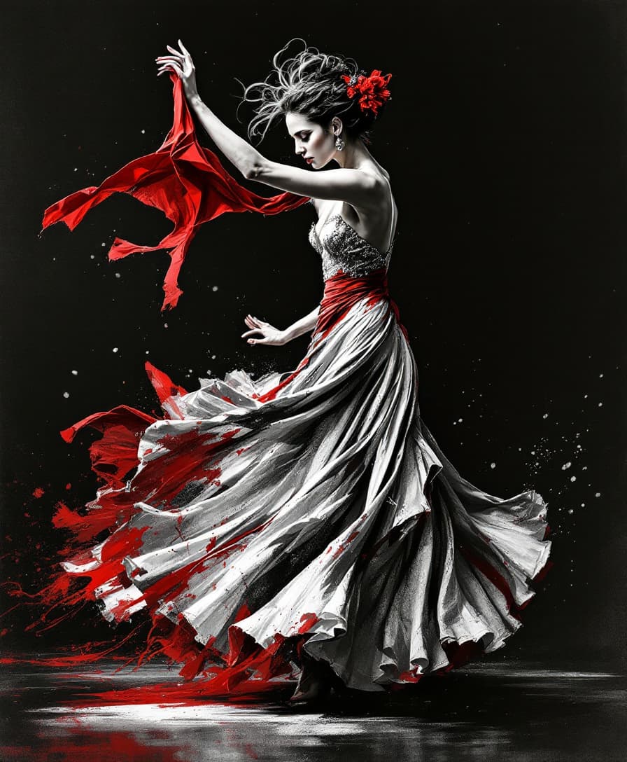 AI generated: A dynamic female flamenco dancer moving in charcoal style, with silver movement and red fabric blurr...