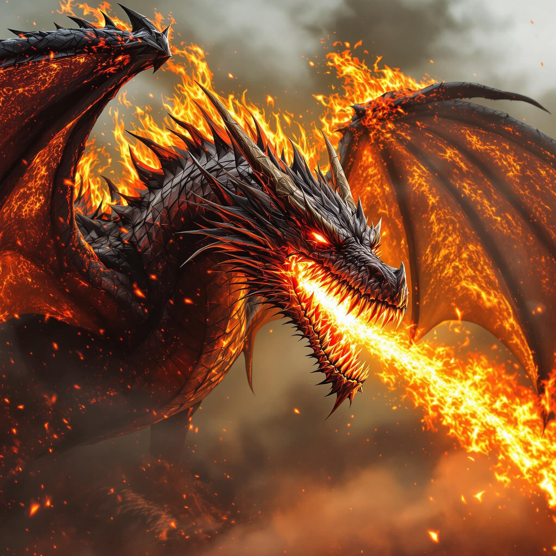 AI generated: sinister realistic dragon with his wings spread out is breathing fire and the walls of fire are spel...