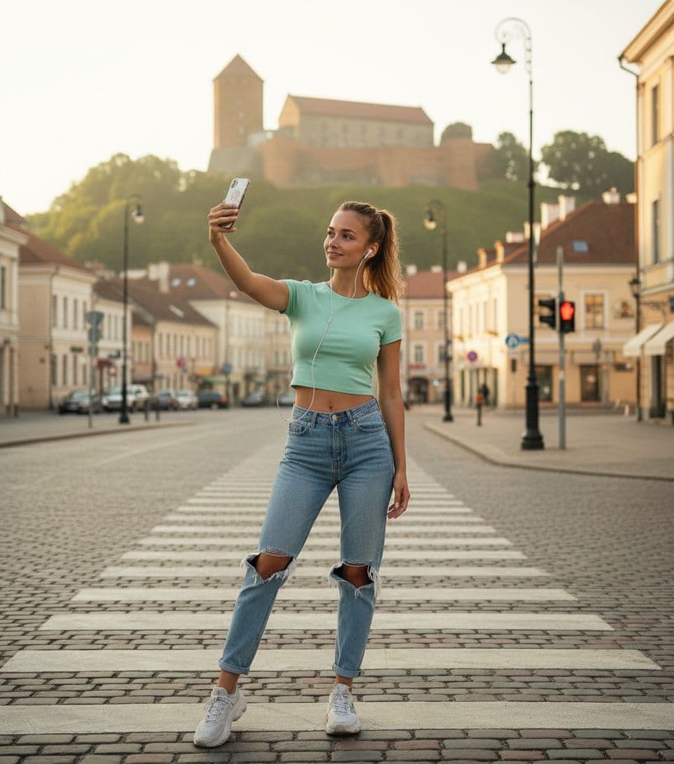 AI generated: 22-year-old 5 foot 7 Spanish girl, standing. stands in Vilnius Old Town against the backdrop of Gedi...