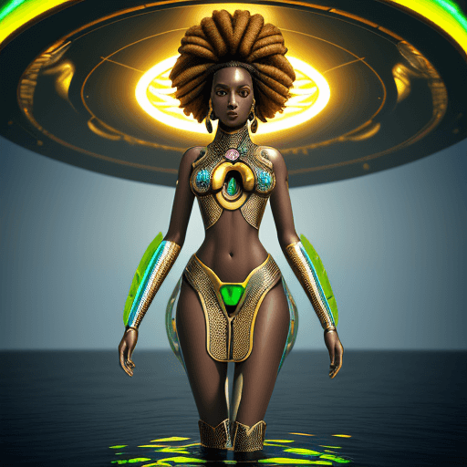 AI generated: commercial photo of a afrofuturistic rastafarian melanin empress standing in water near a UFO, in th...
