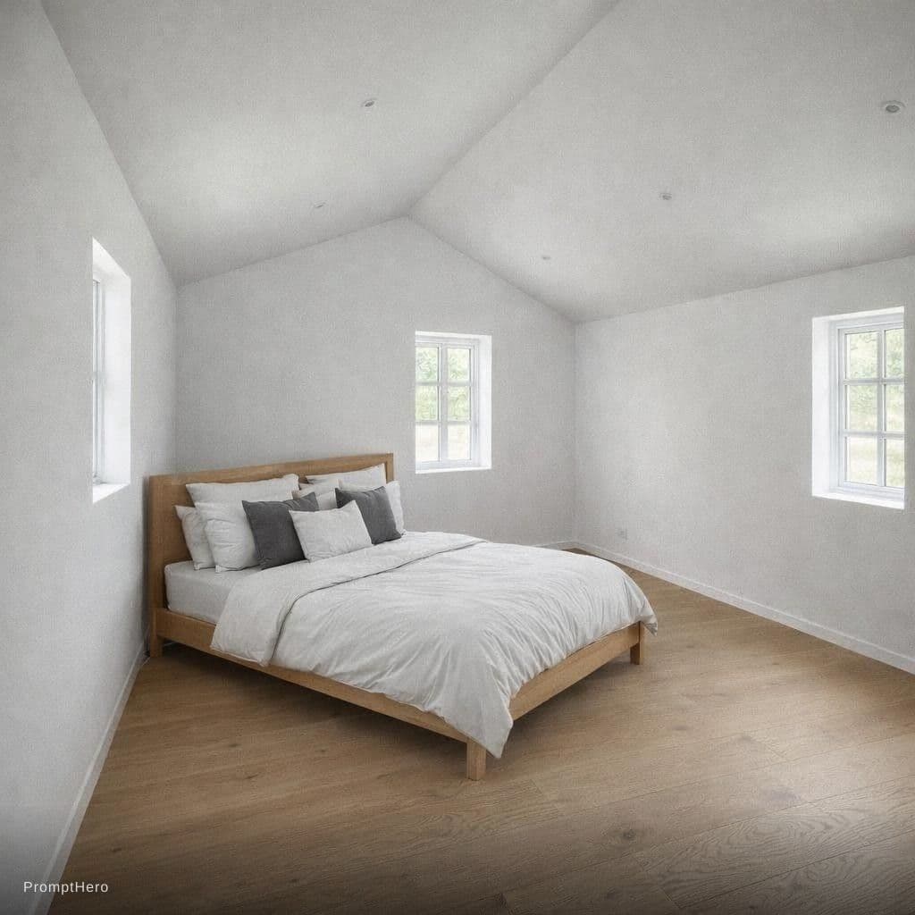 AI generated: haz la pared de la cabbecera dela cama siga la misma dirección. La cama debe ser de madera clara. La...