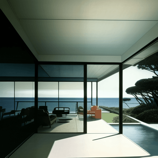 AI generated: Hyper realistic eye level exterior photo of a mid century modern style house overlooking the ocean, ...