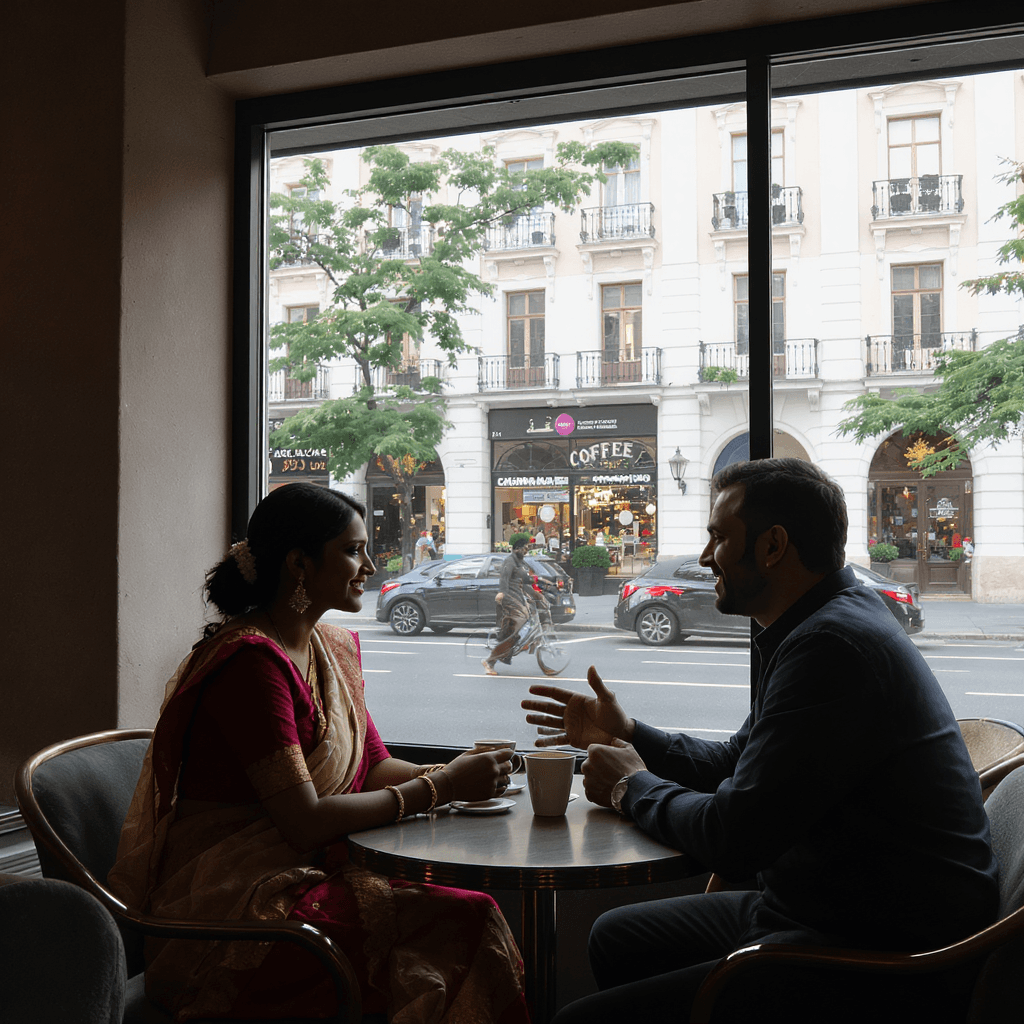 AI generated: Hot Indian wife salwar suit  and husband discussing across the table in a coffee shop, in front of a...