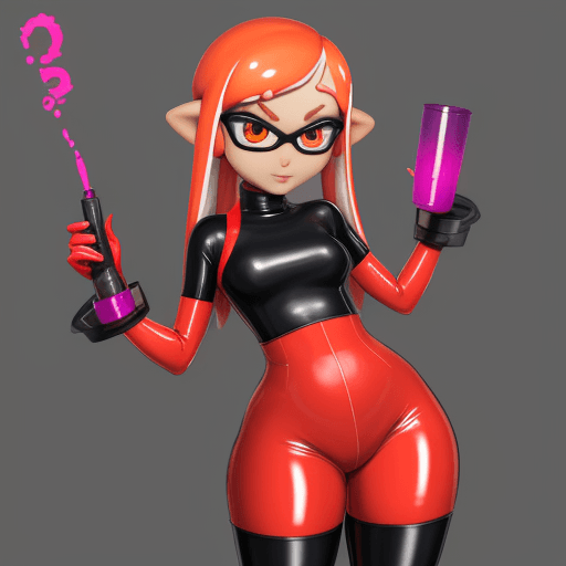 AI generated: inkling, female, Splatoon, hypnosis, dark skin, goggle, latex, thick thighs, red latex