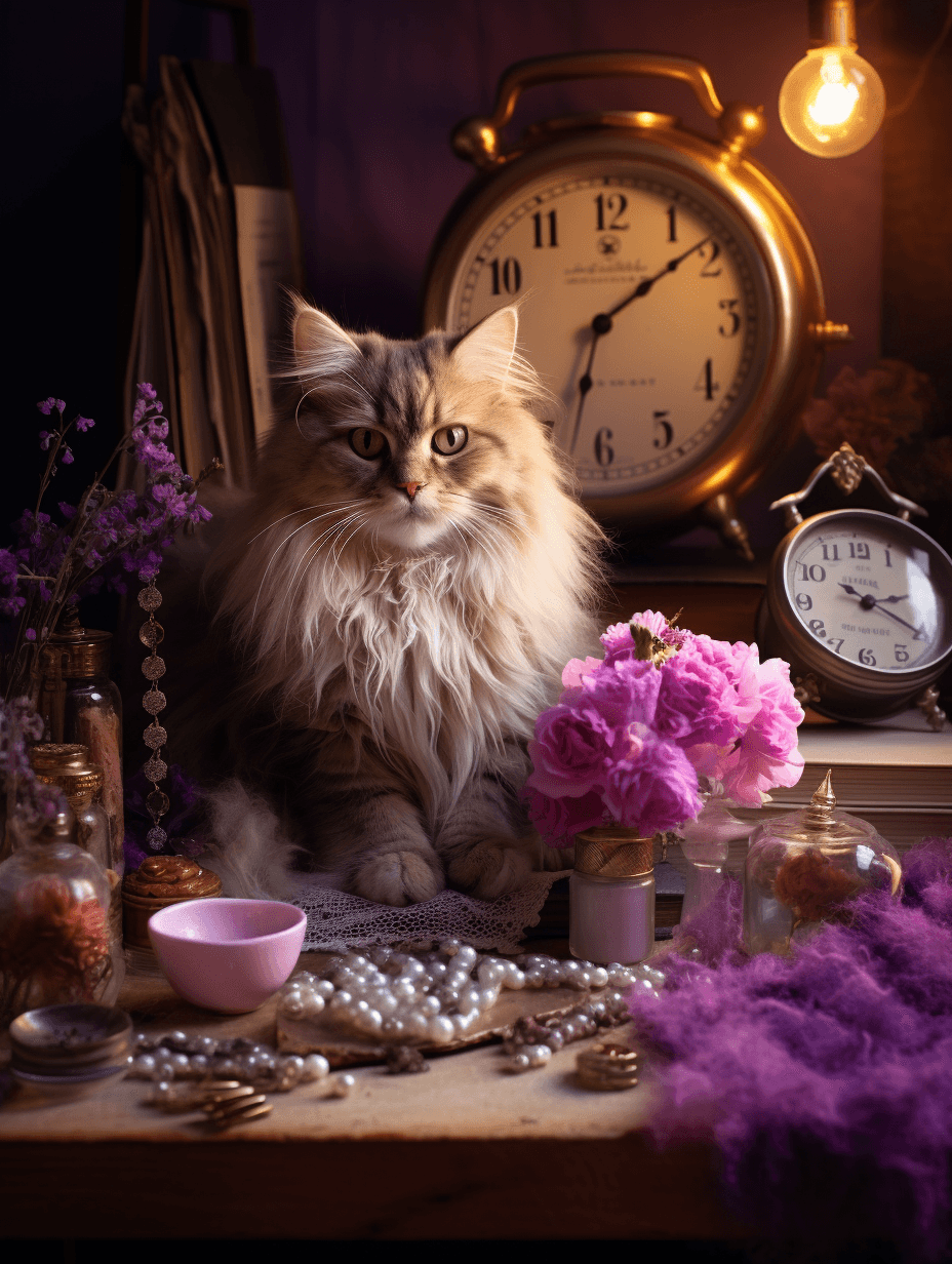 AI generated: A table of photographs, clocks and a cat, in the style of light purple and light brown, soggy, singl...