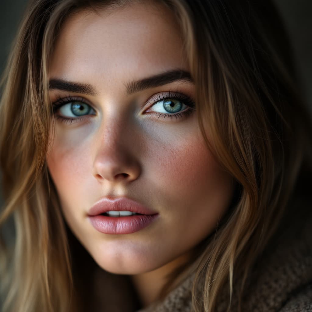 AI generated: Close-up portrait of a woman from Slovakia, cold face, no make-up just natural, with mid-length hair...