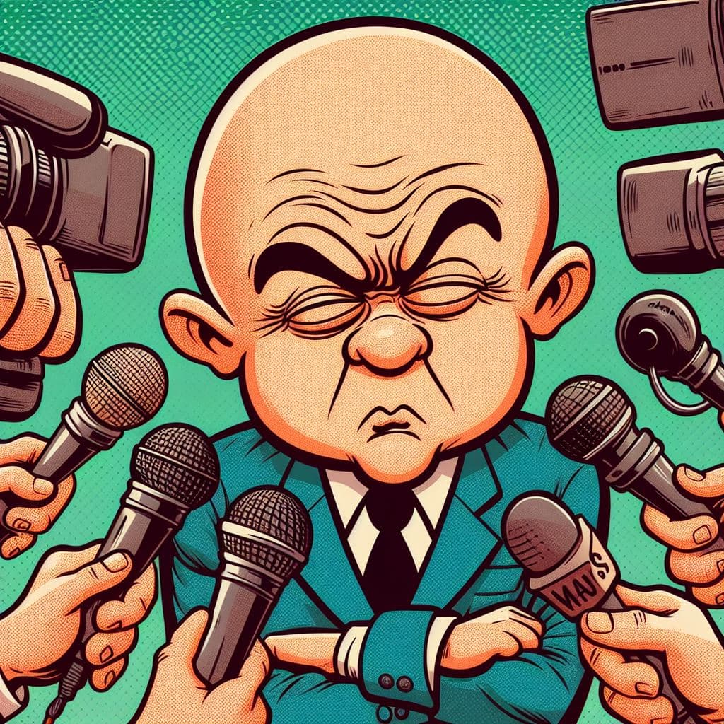 AI generated: Interview, bald headed grumpy politician Mr Magoo squinting short-sighted eyes shut. 2d, b/w black i...