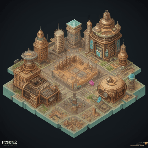 AI generated: Isometric steampunk city map, video game concept art, —chaos 5 —ar 16:9  --q 2 --v 3