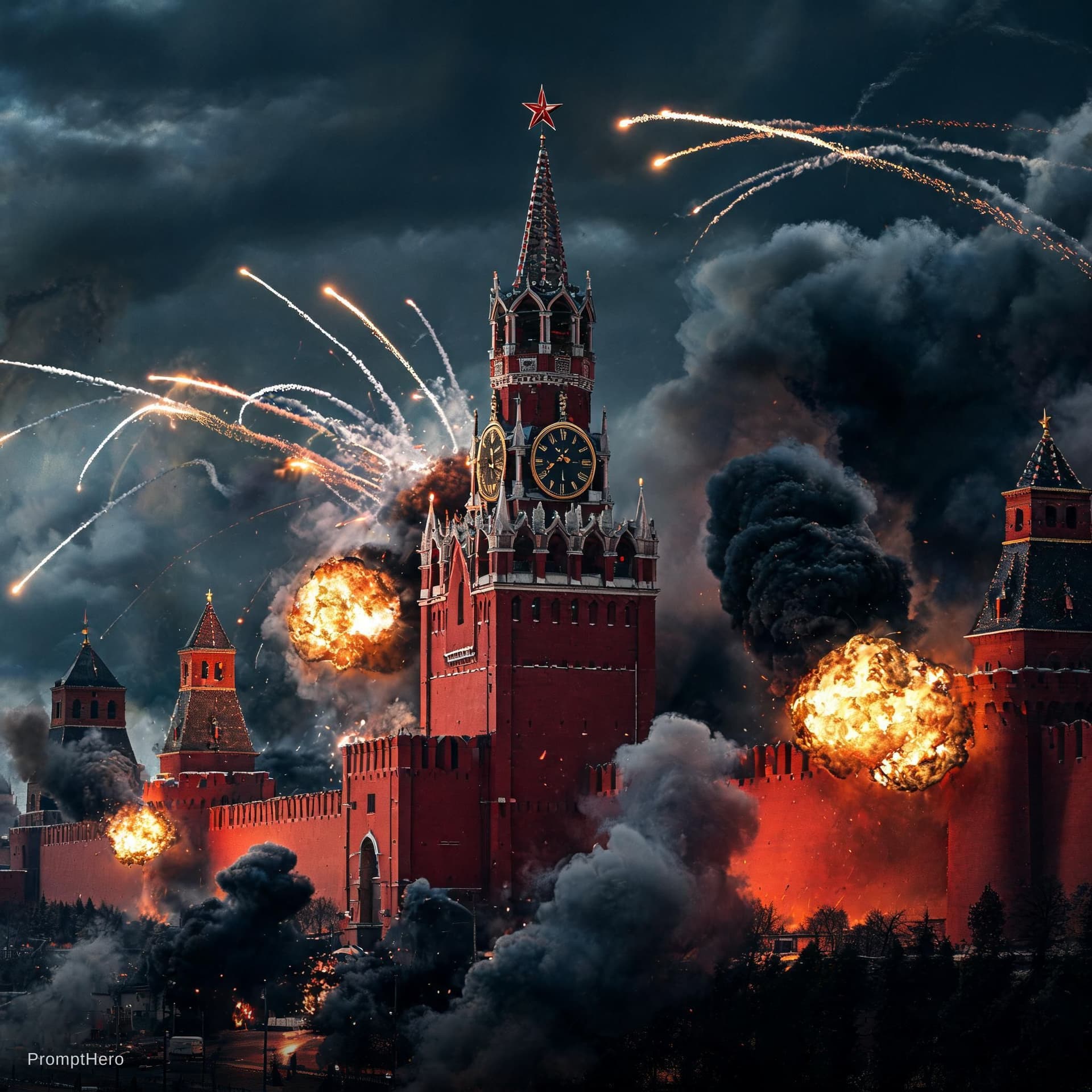 AI generated: rozbombardovaná moskva kremeľ