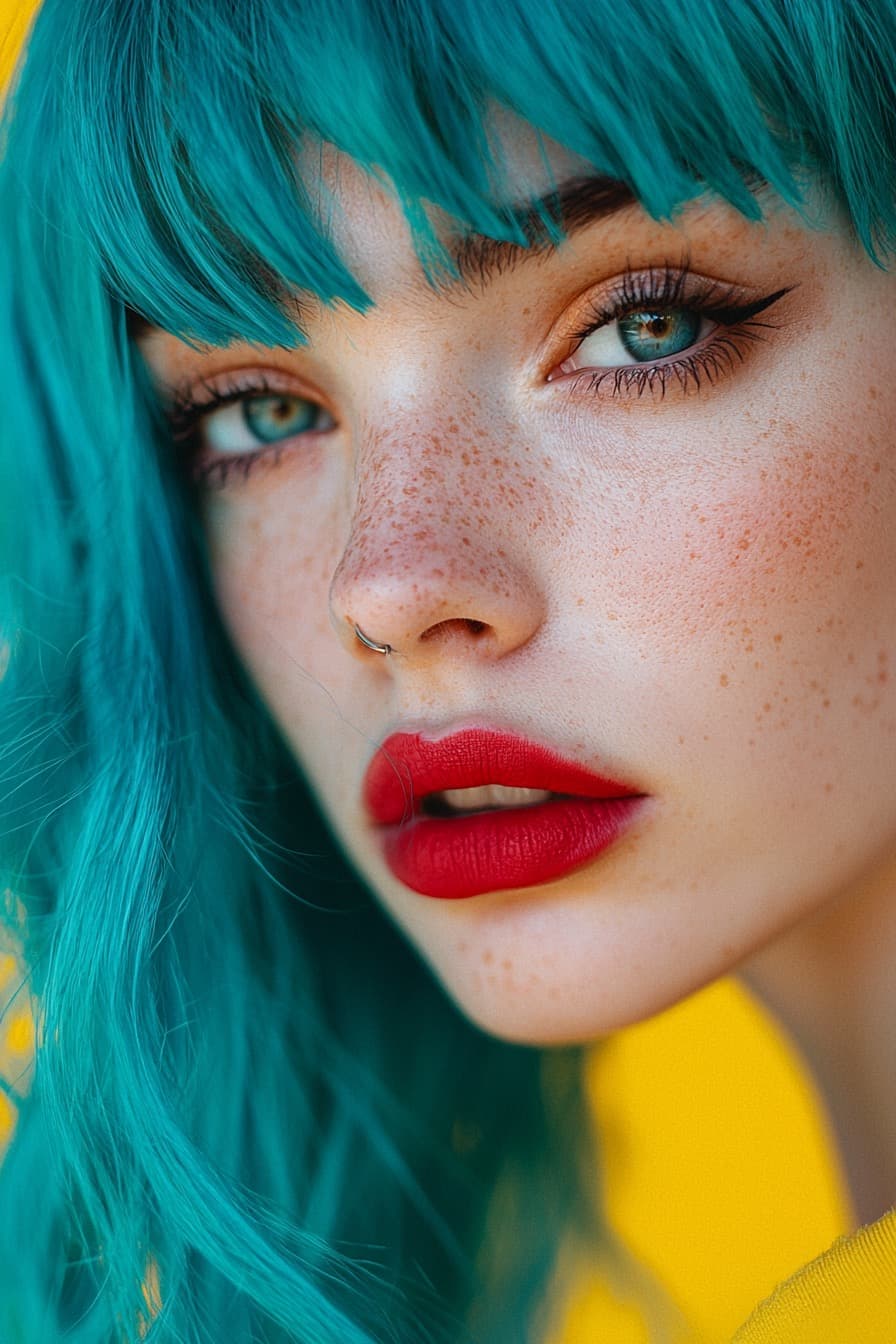 AI generated: A close-up portrait of a woman with vibrant blue hair