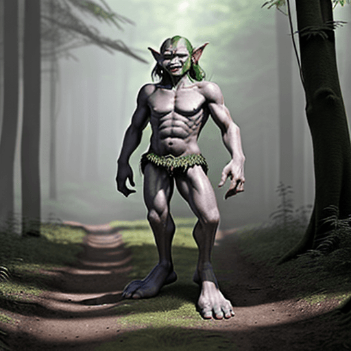 AI generated: good looking, DnD goblin with very big feet in a forest, 