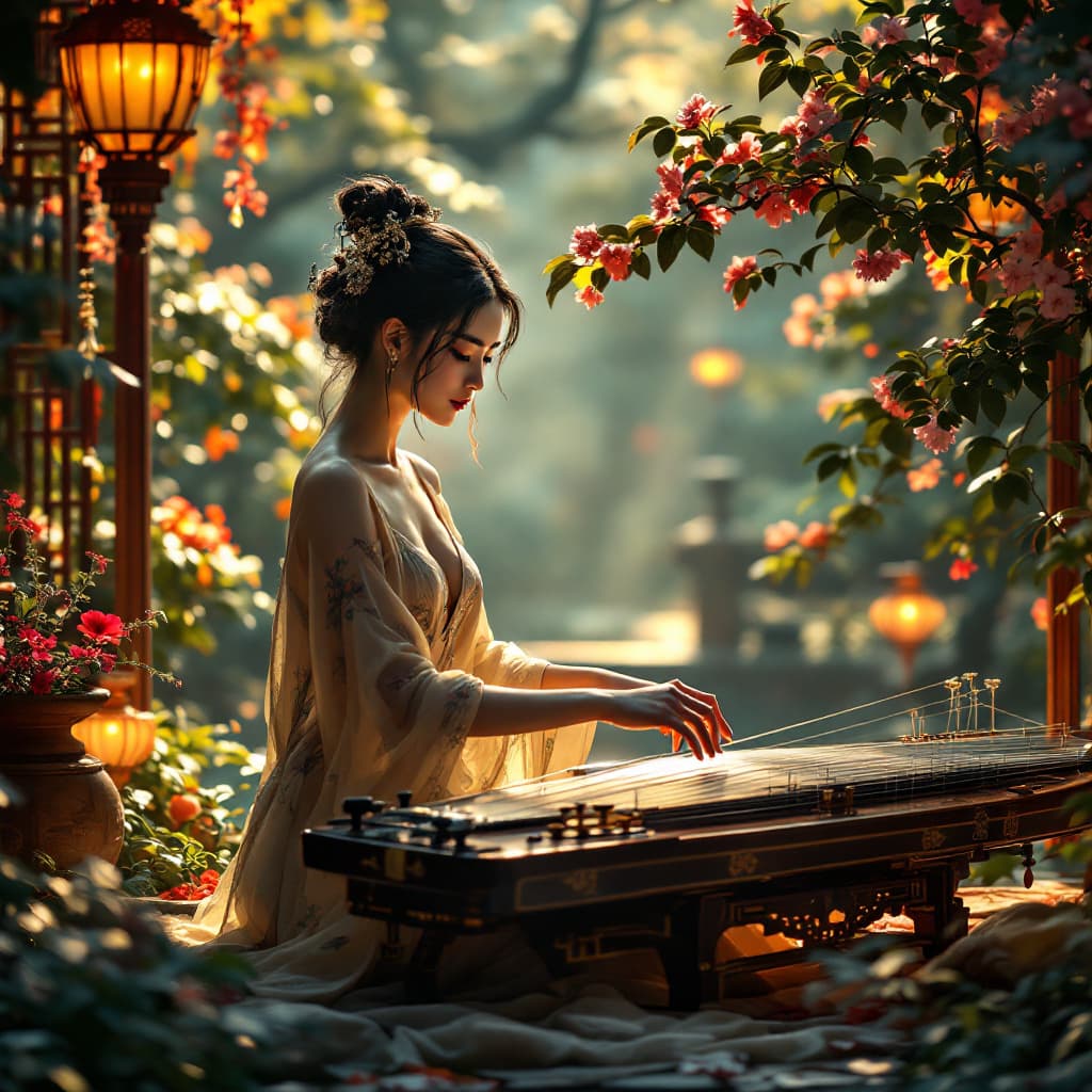 AI generated: A captivating scene featuring a barefoot Chinese woman with striking features,  seated gracefully be...