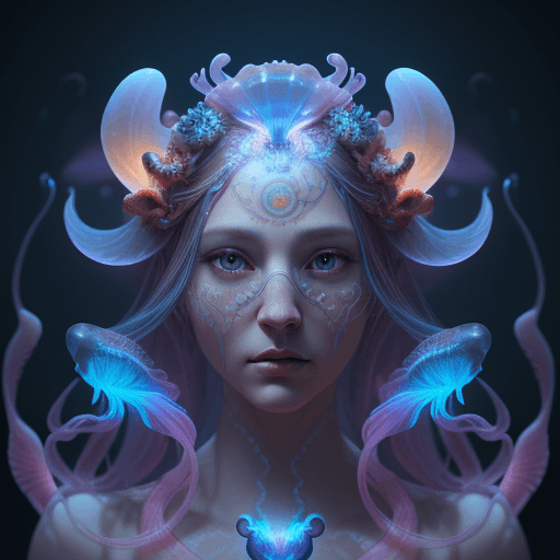 AI generated: Goddess close-up portrait ribcagel. jellyfish phoenix head, nautilus, orchid, skull, betta fish, bio...