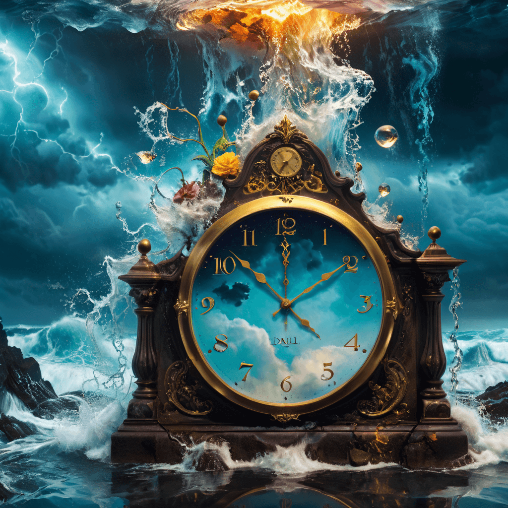 AI generated: Time flows backward as a clock melts into a Salvador Dalí-esque painting, storm night, 3d, fantasy a...