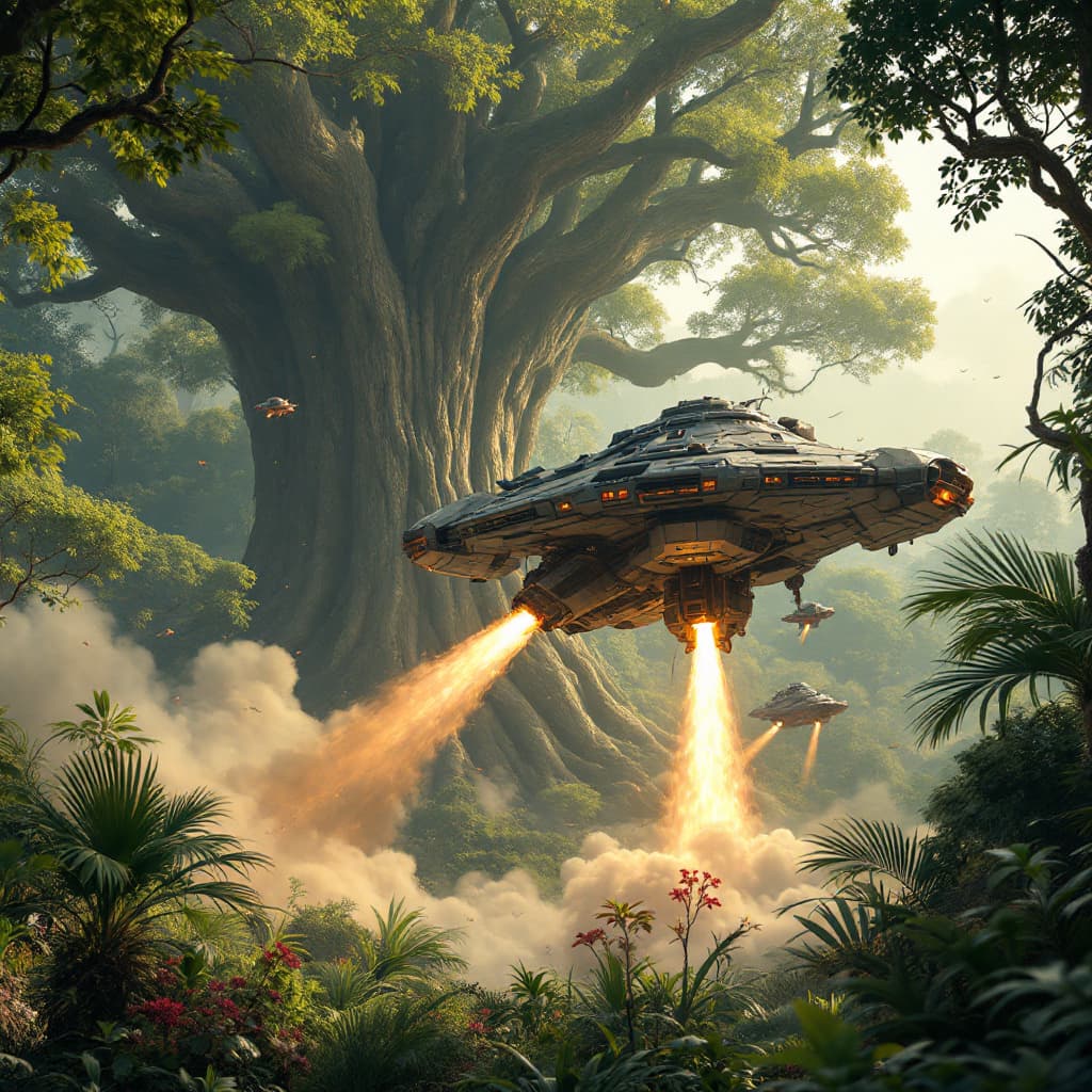 AI generated: 39.	3D spacecraft launching from alien jungle, enormous trees in background --v 7 --style space expl...