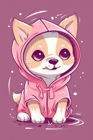 AI generated: A cute, small, playful canine dressed in adorable pink clothing, happy sticker, charming line art, N...