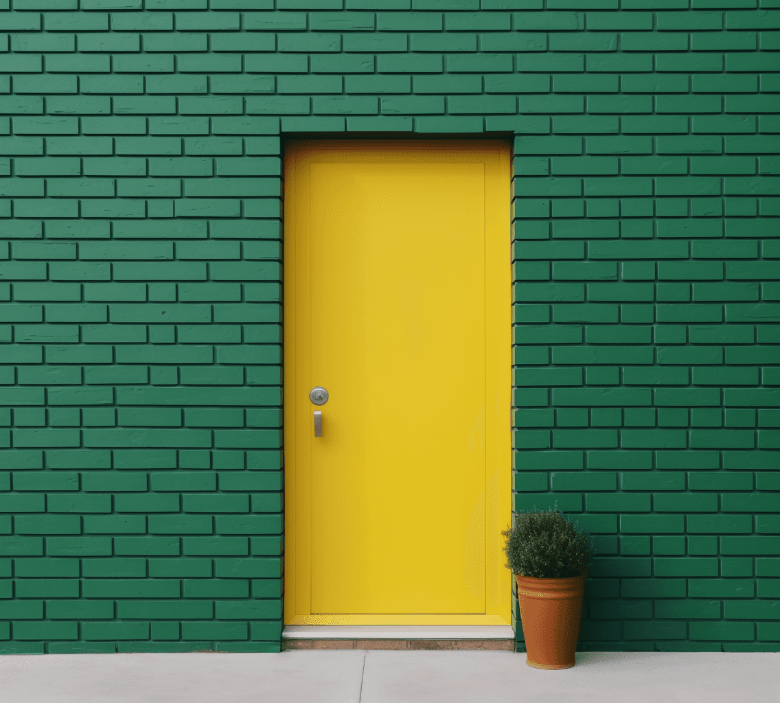 AI generated: a yellow door opens on a green brick wall, in the style of american mid-century design, electric col...