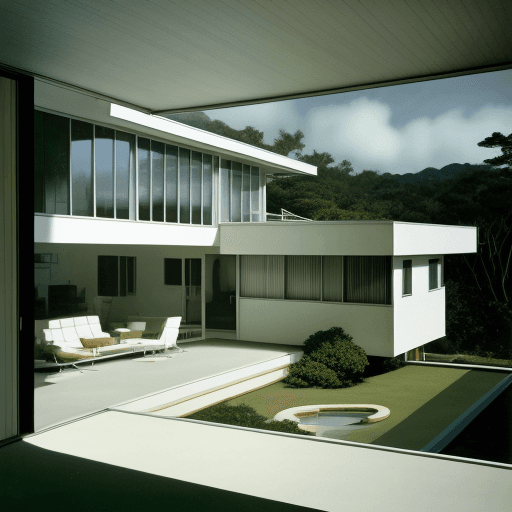 AI generated: Hyper realistic eye level exterior photo of a mid century modern style house overlooking the ocean, ...