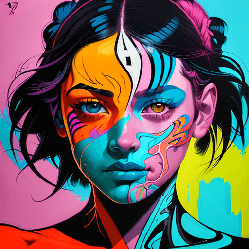 AI generated: a painting of a girl with bright colors on her face, in the style of complex lines, detailed anatomy...