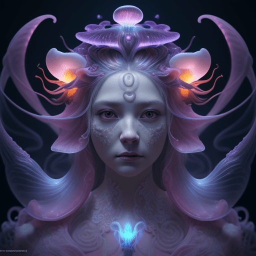 AI generated: Goddess close-up portrait ribcagel. jellyfish phoenix head, nautilus, orchid, skull, betta fish, bio...