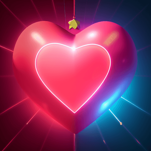 AI generated: A big red 3D heart in the middle of the screen with a bauble decoration around it with bright pink y...