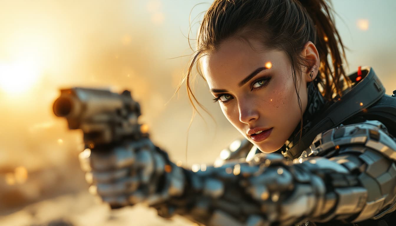 AI generated: A cyborg female soldier fighting in a warzone bright background, masterpiece, best quality, super de...