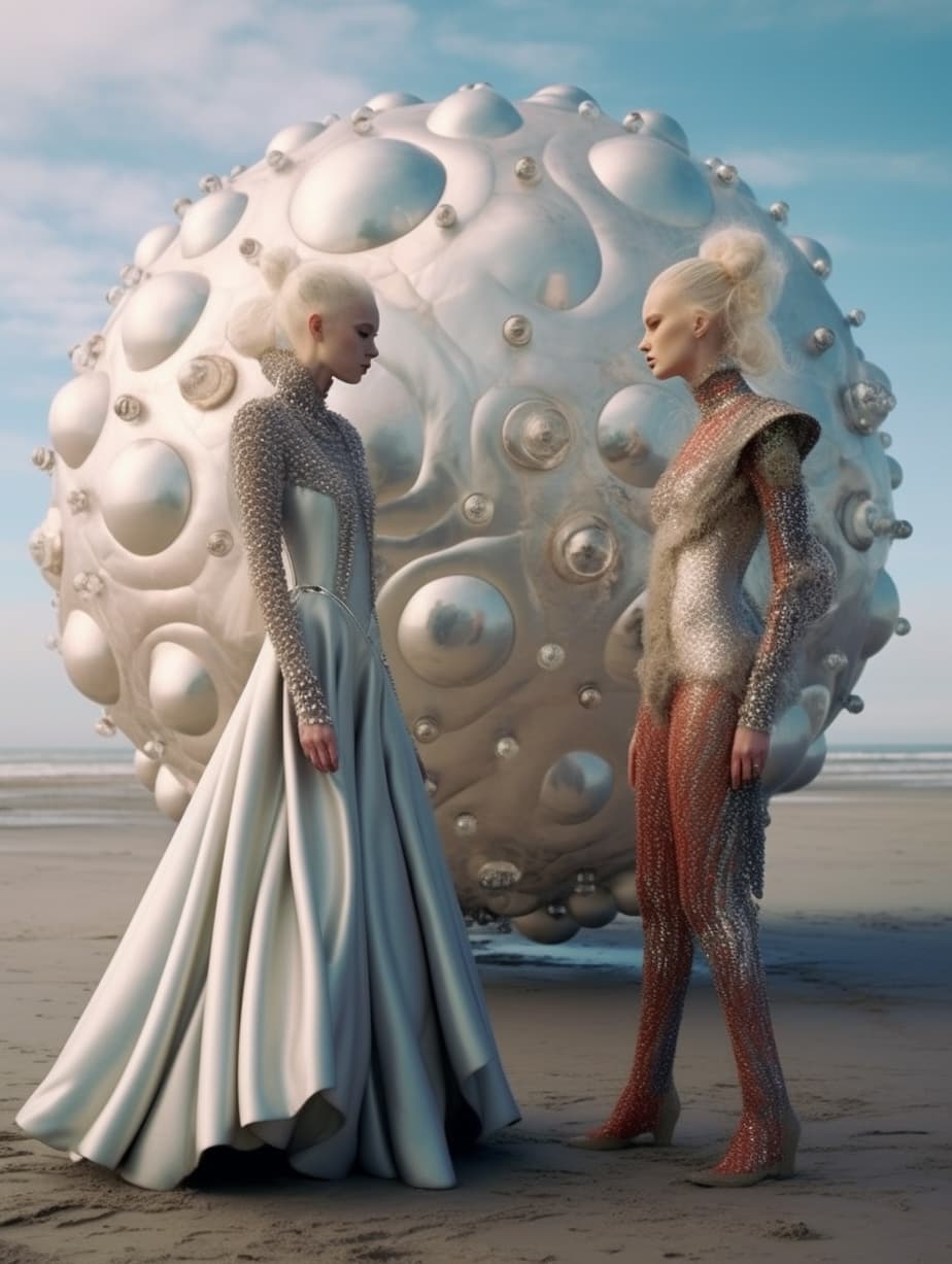 AI generated: a couple of women standing next to each other on a beach, a surrealist sculpture, tumblr, slavicturi...