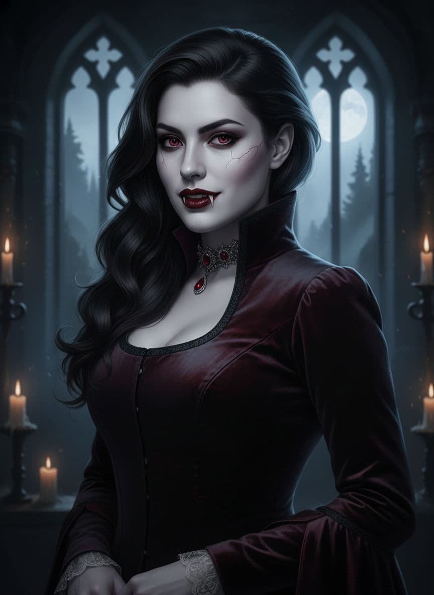 AI generated: Mujer vampiro con la cara de la persona de la imagen que subí.