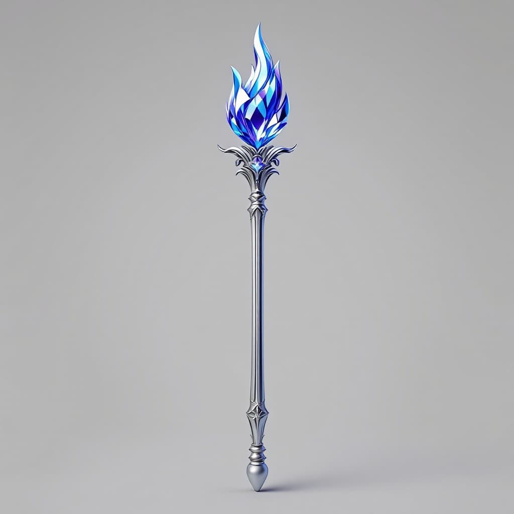 AI generated: Medium-short length, smooth, photo-realistic, royal, silver scepter, rounded silver bottom, multifac...