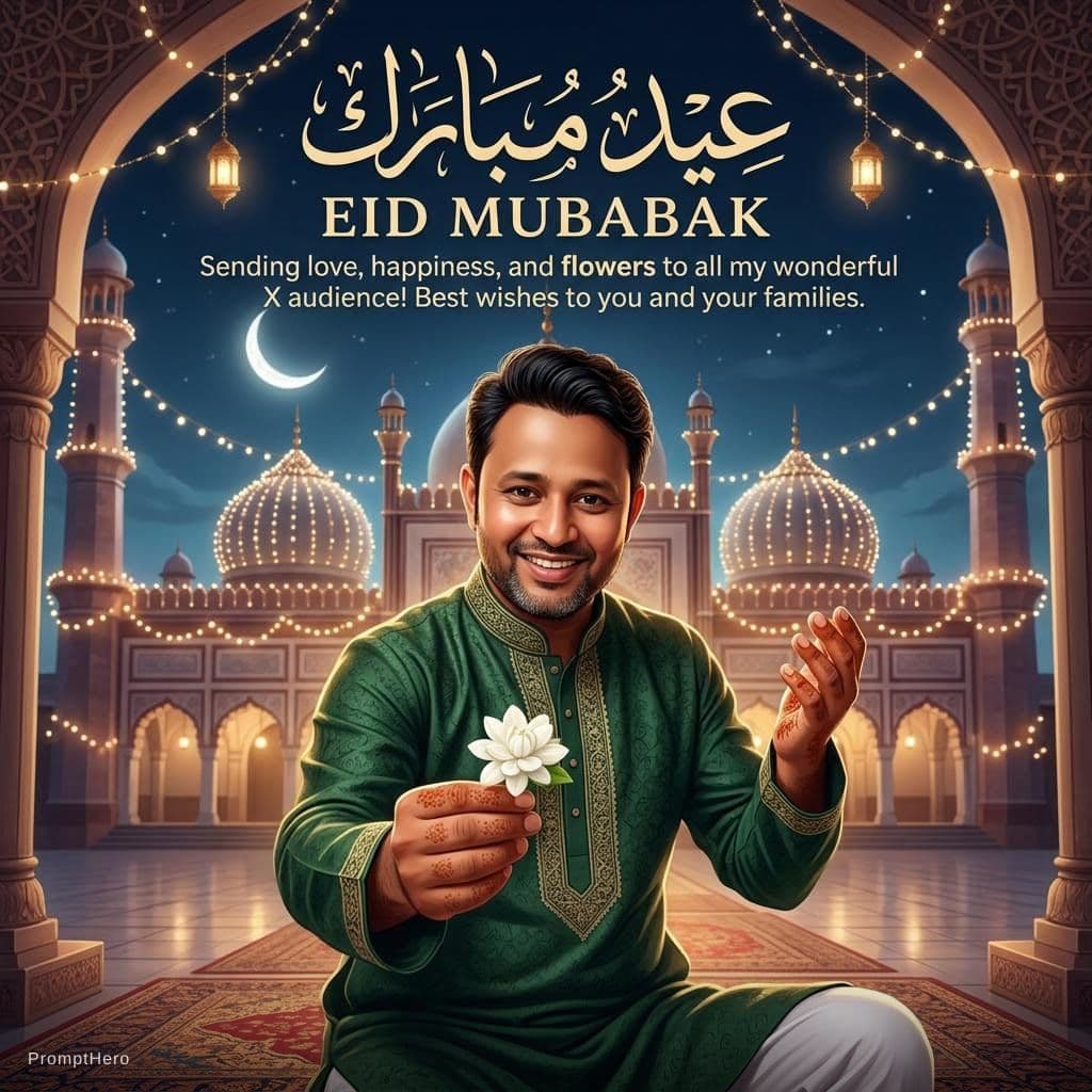 AI generated: Generate a poster for wishing my X audience Eid Mubarak and best wishes written, it should be creati...