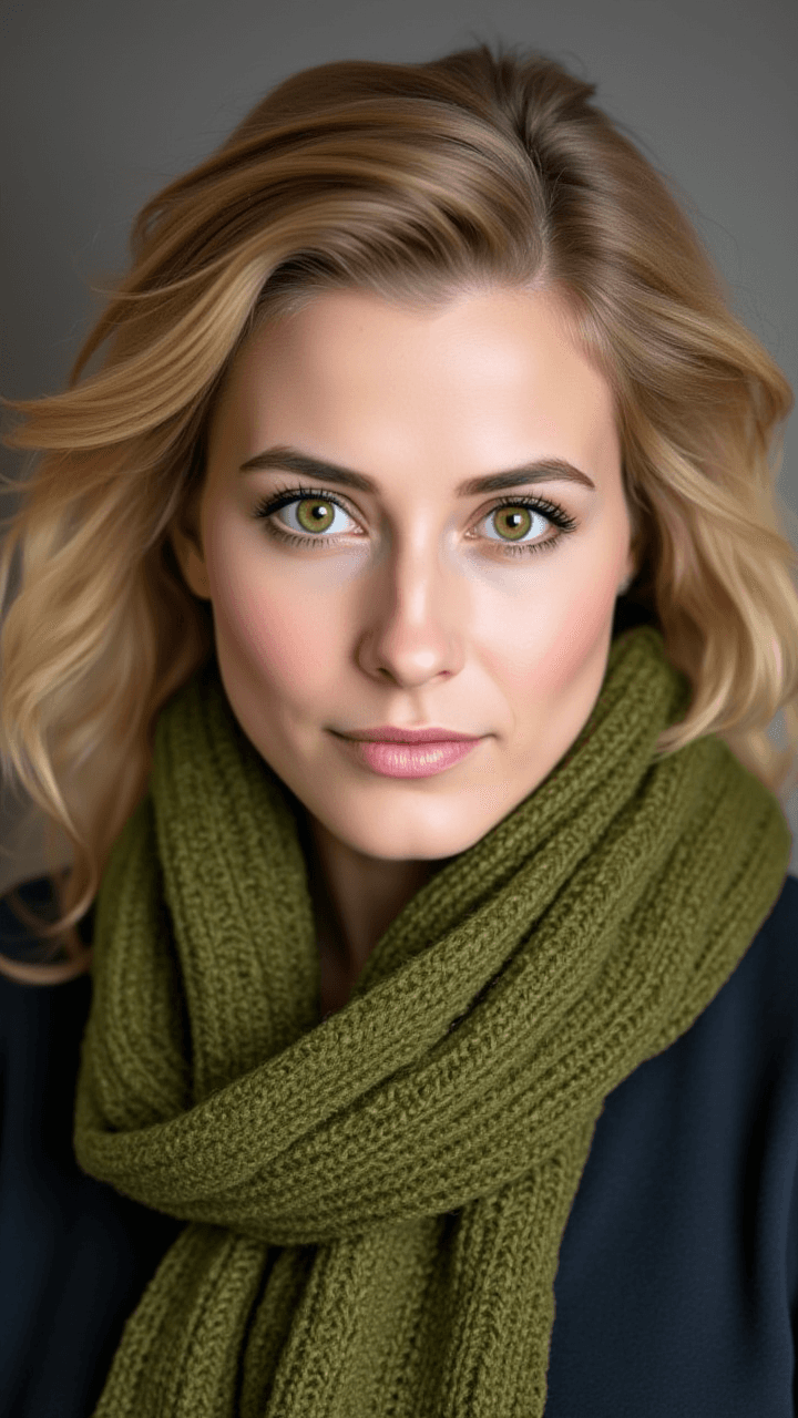 AI generated: A portrait of a woman with light blonde hair in loose waves, framing a face with green eyes that are...