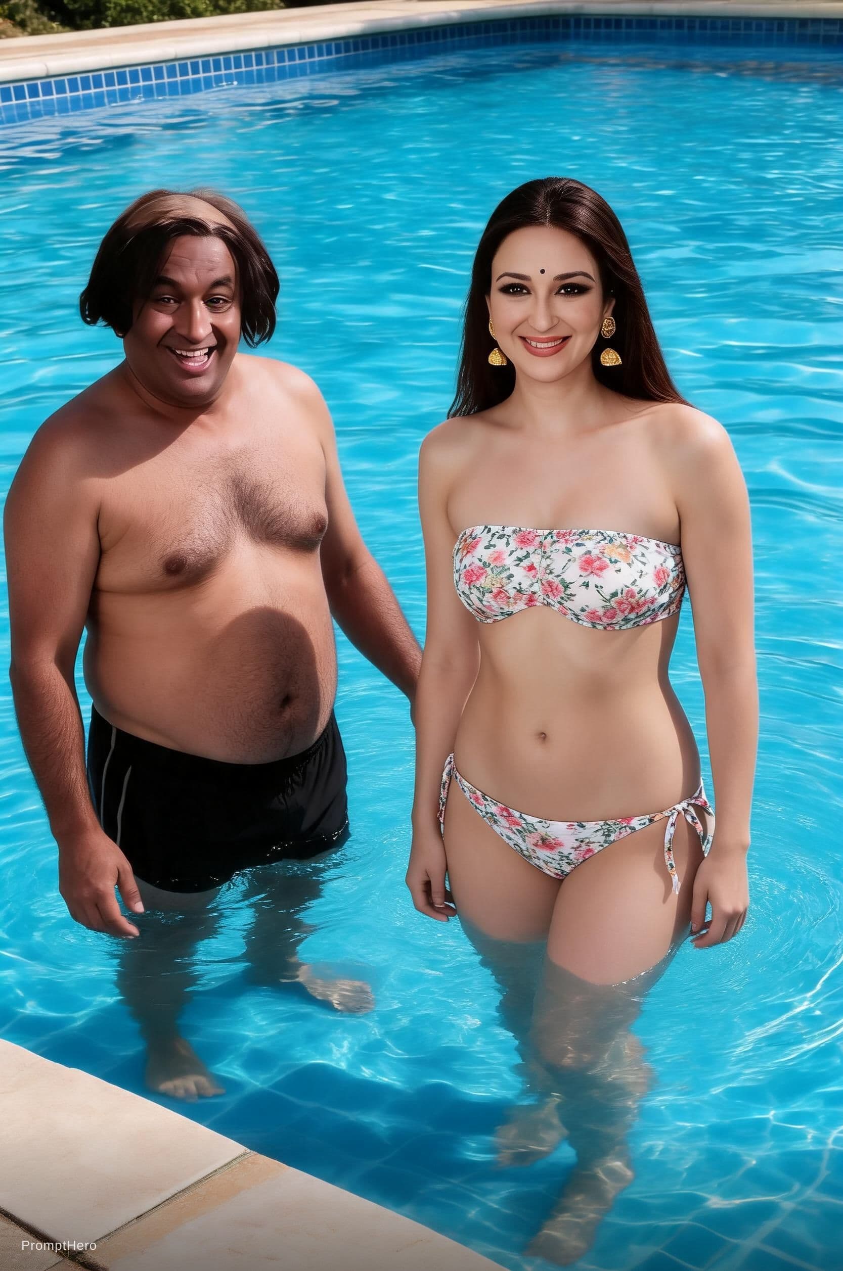 AI generated: The Women wearing a strapless floral print hot bikini bust size 22d and standing in swimming pool wi...