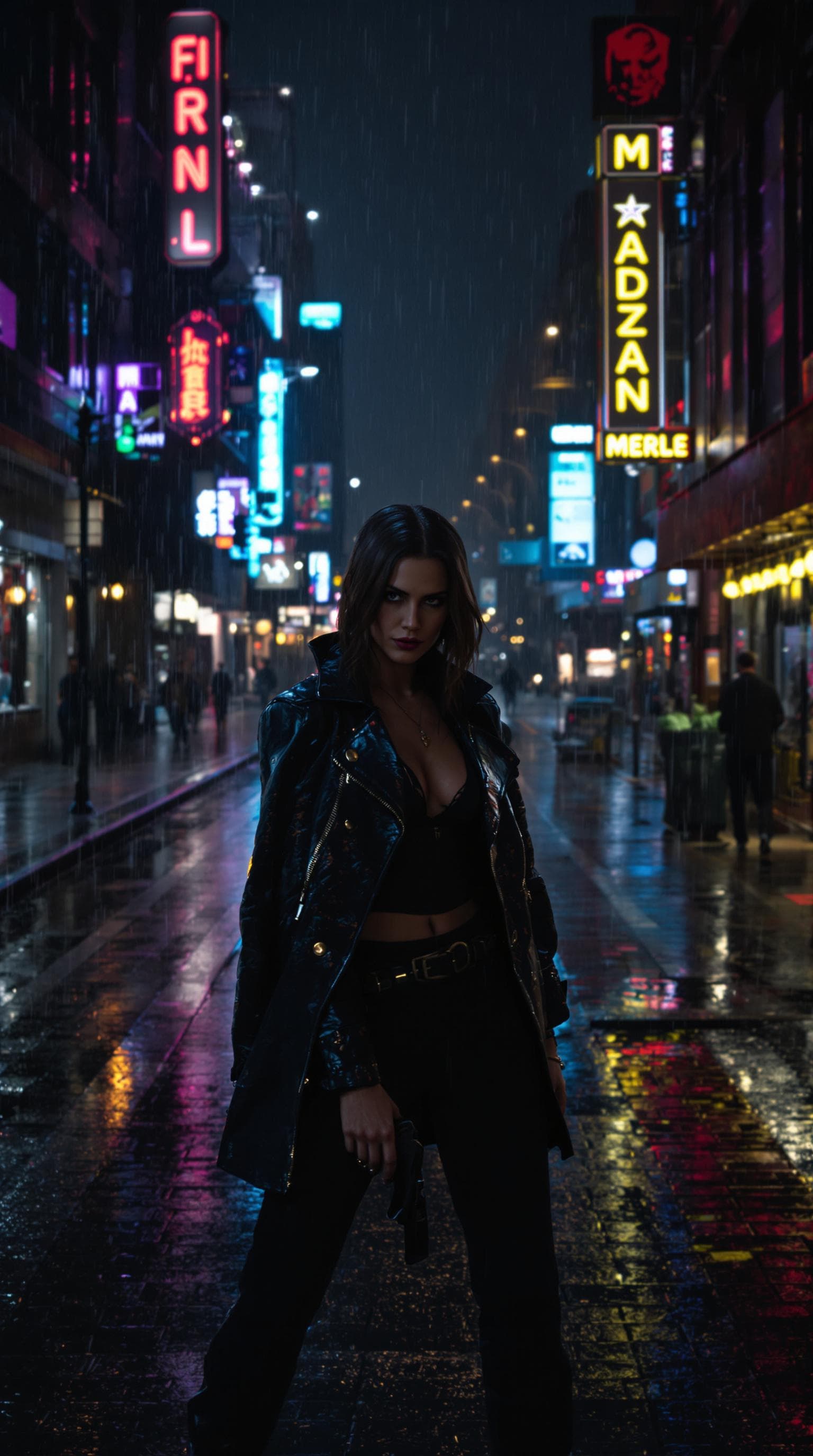 AI generated: Sadie Adler from Red Dead Redemption 2 posing In a dark rainy Dystopian city in the rain, on an empt...