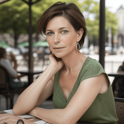 AI generated: portrait attractive 55 year old French woman, slender graceful build, short brown hair, earrings , E...