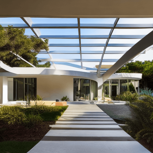 AI generated: Hyper realistic eye level exterior photo of a mid century modern style house overlooking the ocean, ...