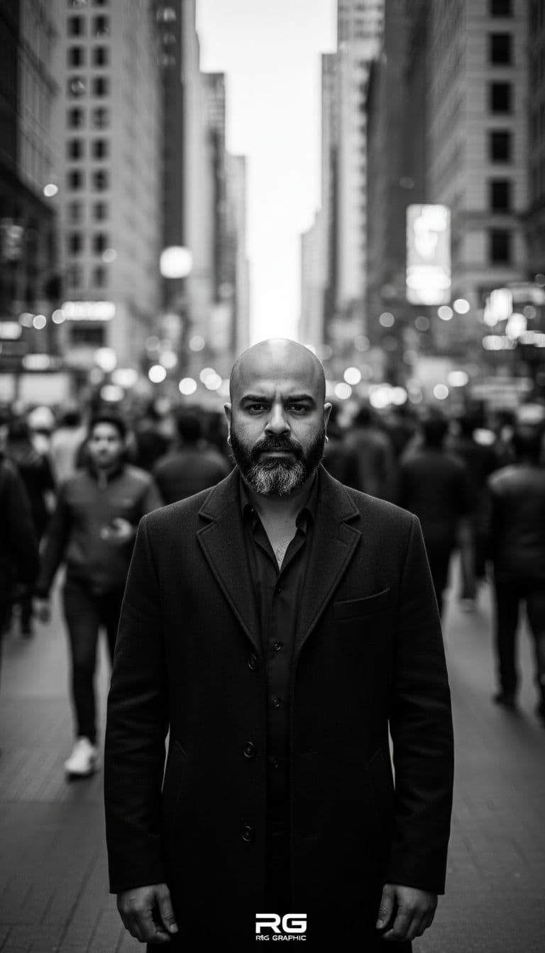 AI generated: A cinematic black and white portrait of a handsome man standing still in a busy city crowd. The back...