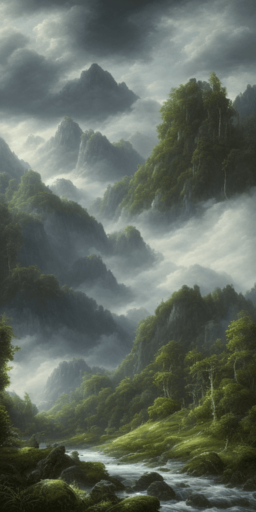 AI generated: an endless mountain range on the background, covered full with lush green forests and life, blue sky...