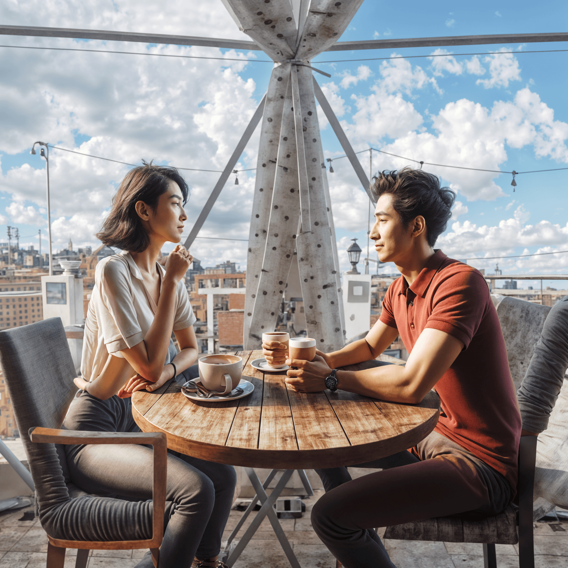 AI generated: Inside a geodesic dome cafe, add an Asian couple having a coffee date by a panoramic bay window. The...