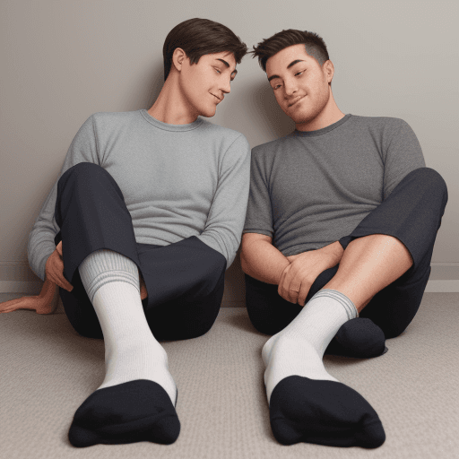 AI generated: Photo of a man in socks resting his socked feet on another man lying on the floor.