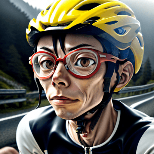 AI generated: Onoda, Yowamushi pedal,cycling,using helmet,on mountain roads, city roads, busy crawling, congested ...