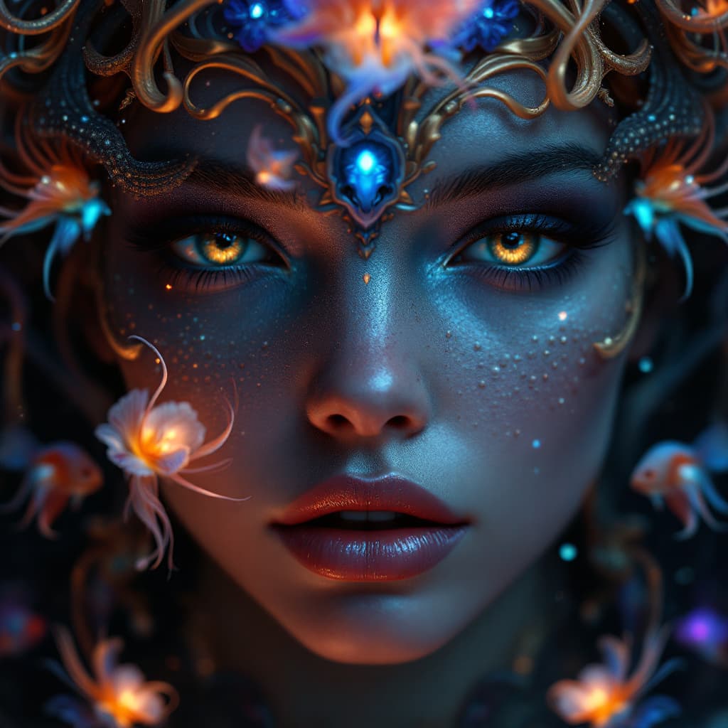 AI generated: Goddess close-up portrait ribcagel. jellyfish phoenix head, nautilus, orchid, skull, betta fish, bio...