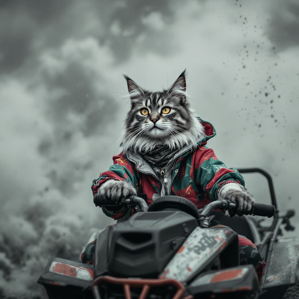AI generated: Create an image of an extreme sports scenario featuring a real cat with a grey and black face and a ...