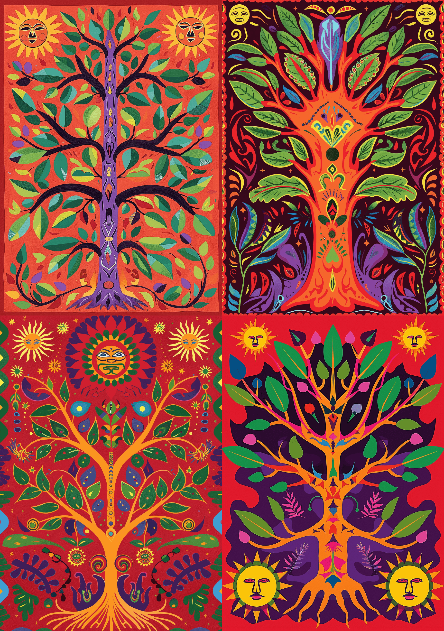 AI generated: depicts an orange tree with many green leaves and purple flames on it, in the style of Inuit art. It...