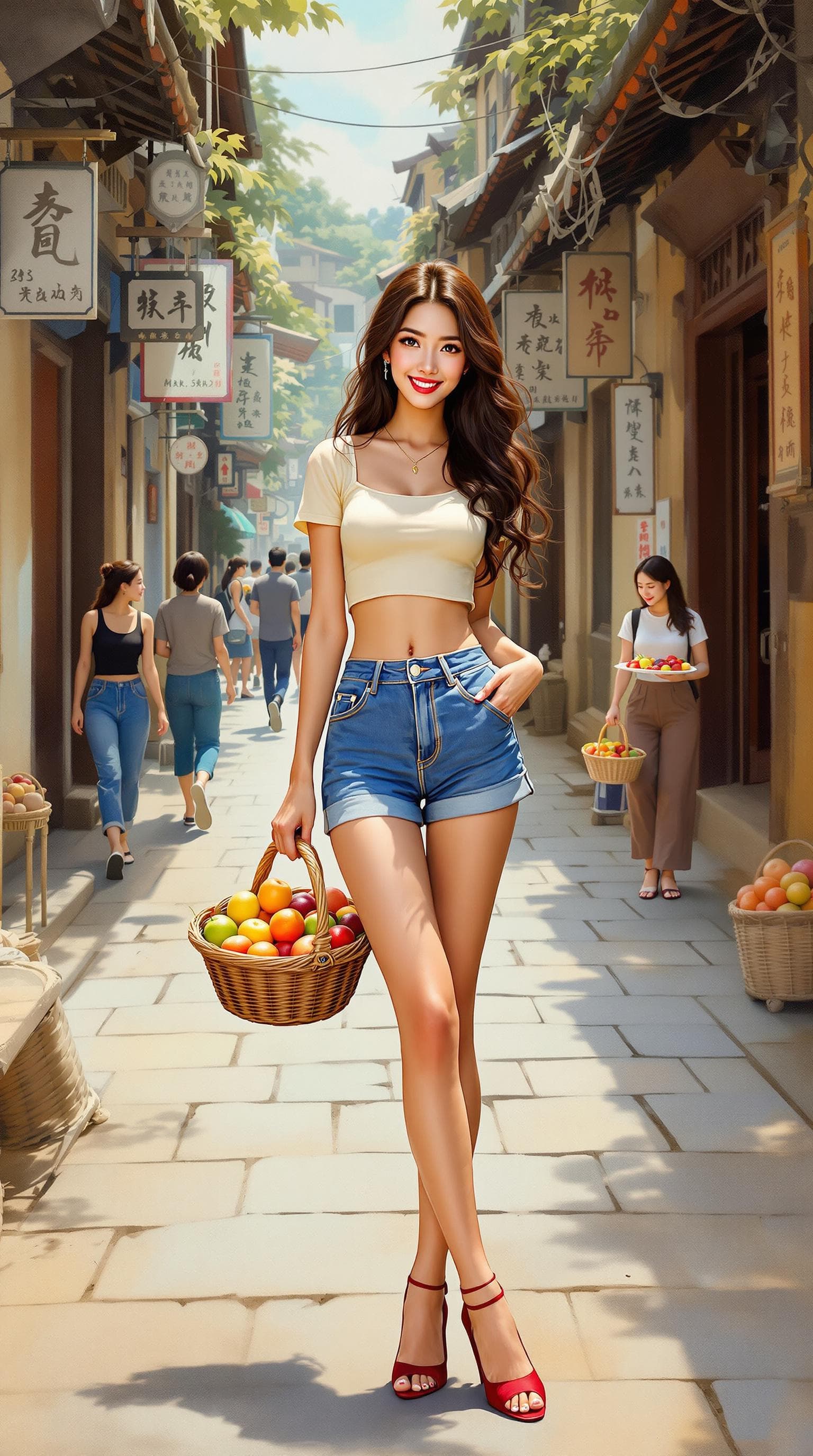 AI generated: A realistic painting style with delicate brushstrokes and rich colors. An Eastern rural woman with l...