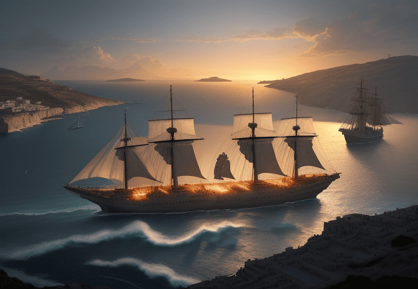 AI generated: battle of salamis of the figures of four people in an ancient greece scenery, high contrast, concept...