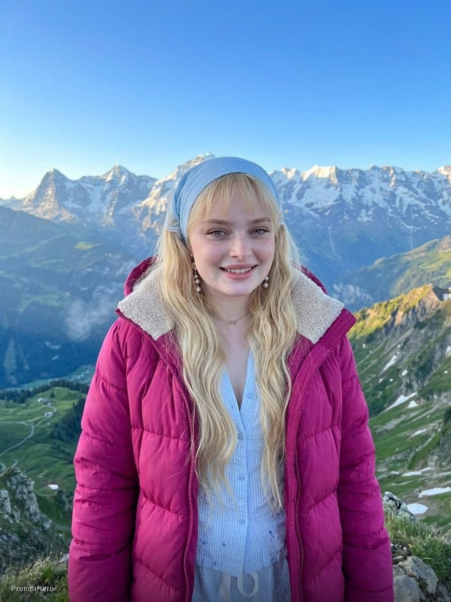 AI generated: change de scenario, put her a pink coat on the mountains