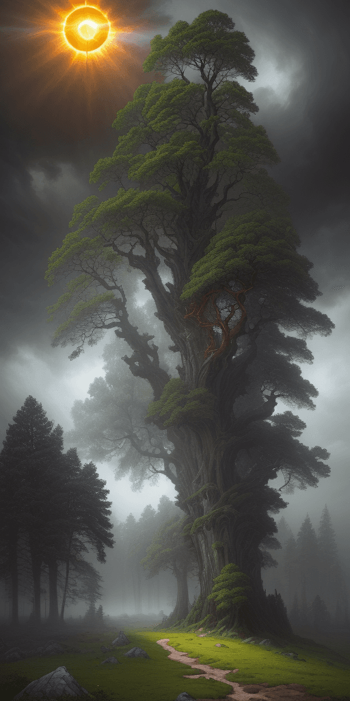 AI generated: 
landscape in Brittany, surrounded by trees, sun, foggy, massive storm clouds, Ivan Shishkin, Victo ...