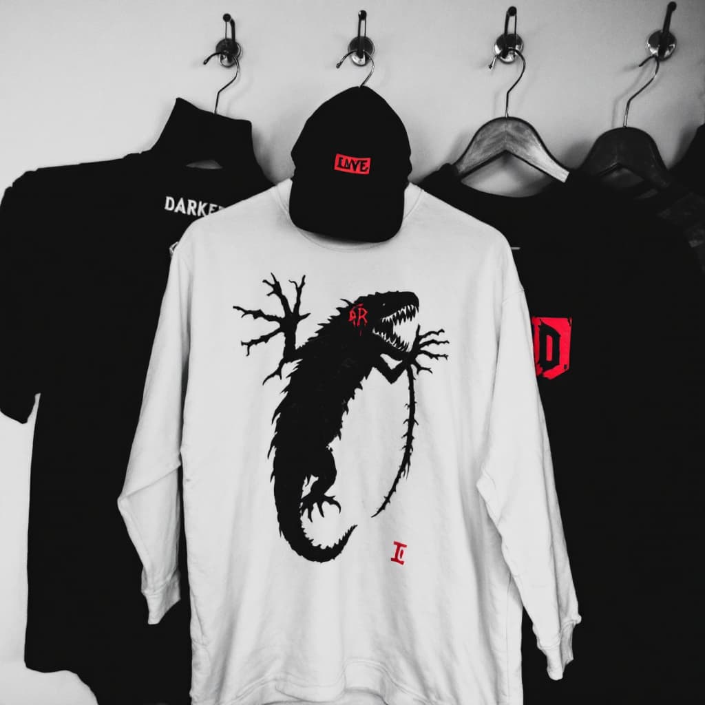 AI generated: Darker Photography of black and white hanging T-shirts, hats, hoodies with red signs on it Carnivore...