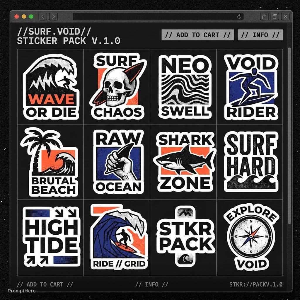AI generated: Neo brutalist surf-themed sticker pack for in a neo-brutalist website